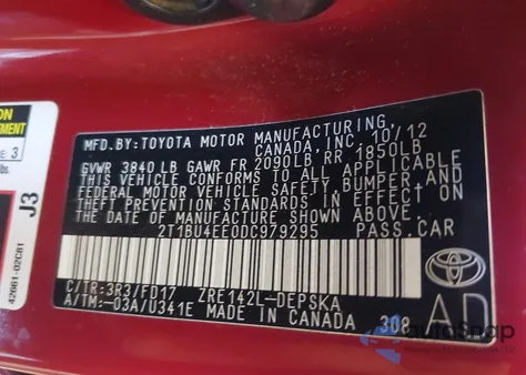 2013 Toyota Corolla S from USA, damaged, VIN 2T1BU4EE0DC979295